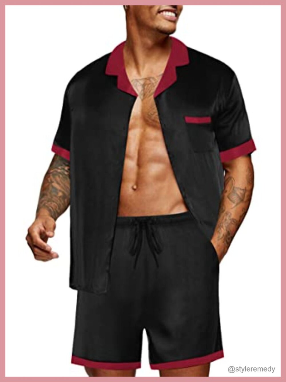 Men Satin Pajama Set 2 Piece Short Sleeve Button Down Sleepwear
